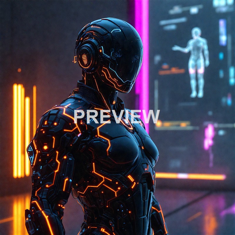 A highly detailed futuristic humanoid robot with glowing orange accents stands in a high-tech environment with digital screens and human anatomy diagrams in the background.